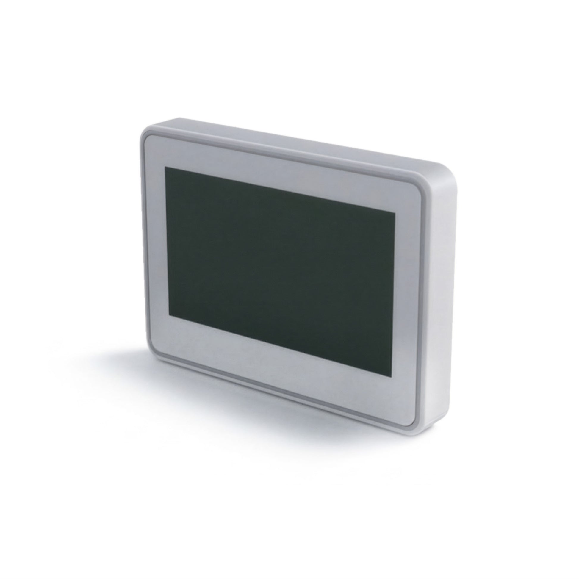 Digital display screen with a metallic frame on a white background.